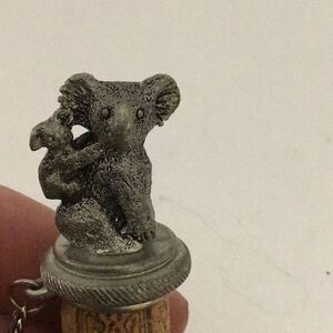 Vintage pewter, Australia, koala and baby wine, stopper with neck ring and chain